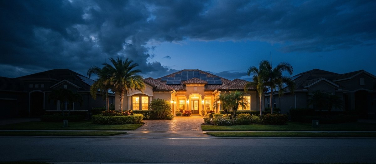 Florida home lit up at dusk with rooftop solar panels, while neighboring homes sit dark under clearing storm clouds