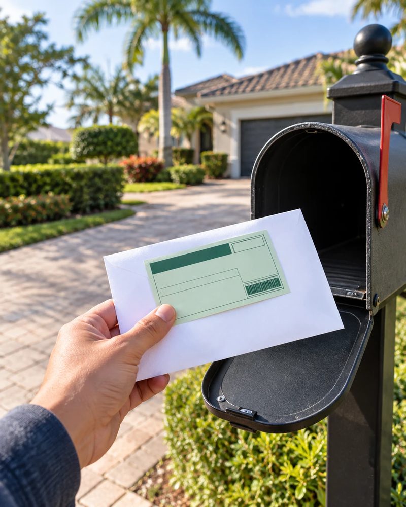 A hand holding a sealed white envelope with a green certified-mail return receipt card attached, in front of a mailbox at the end of a landscaped Florida driveway in morning light