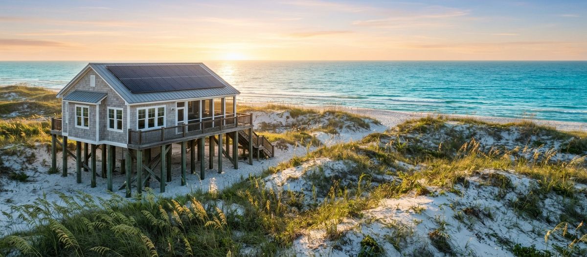 Emerald Coast sand dunes with sea oats at sunrise and a coastal cottage on stilts with rooftop solar panels