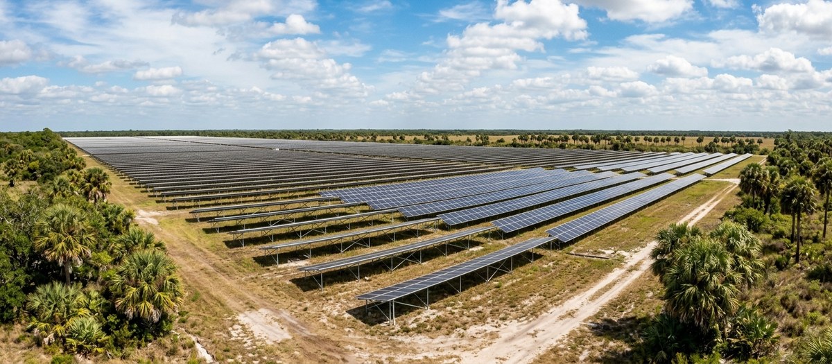 Large ground-mounted solar array on a Florida solar energy center