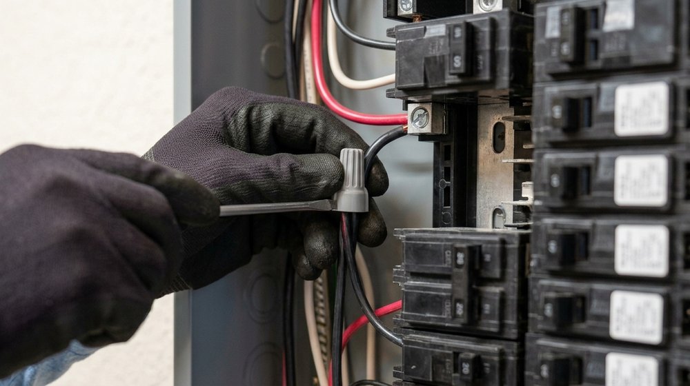 An electrician's gloved hands connecting wiring inside an open residential breaker panel