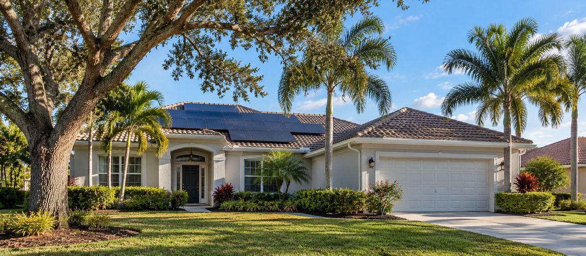 Central Florida home with rooftop solar panels and palm trees