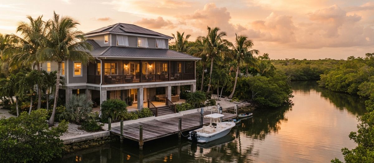 Upper Keys waterfront home at golden hour on pilings with rooftop solar panels, palms, mangroves and a boat dock