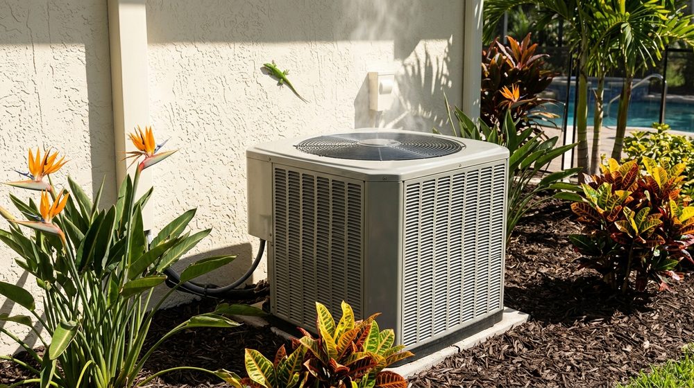 An outdoor air conditioner condenser running in hot midday sun beside a Florida home, with tropical plants and a lizard on the wall