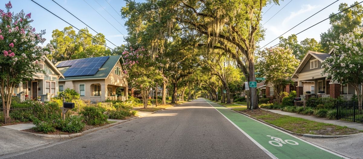 Gainesville street with older bungalows, a green bike lane, live oaks with Spanish moss and a home with rooftop solar panels