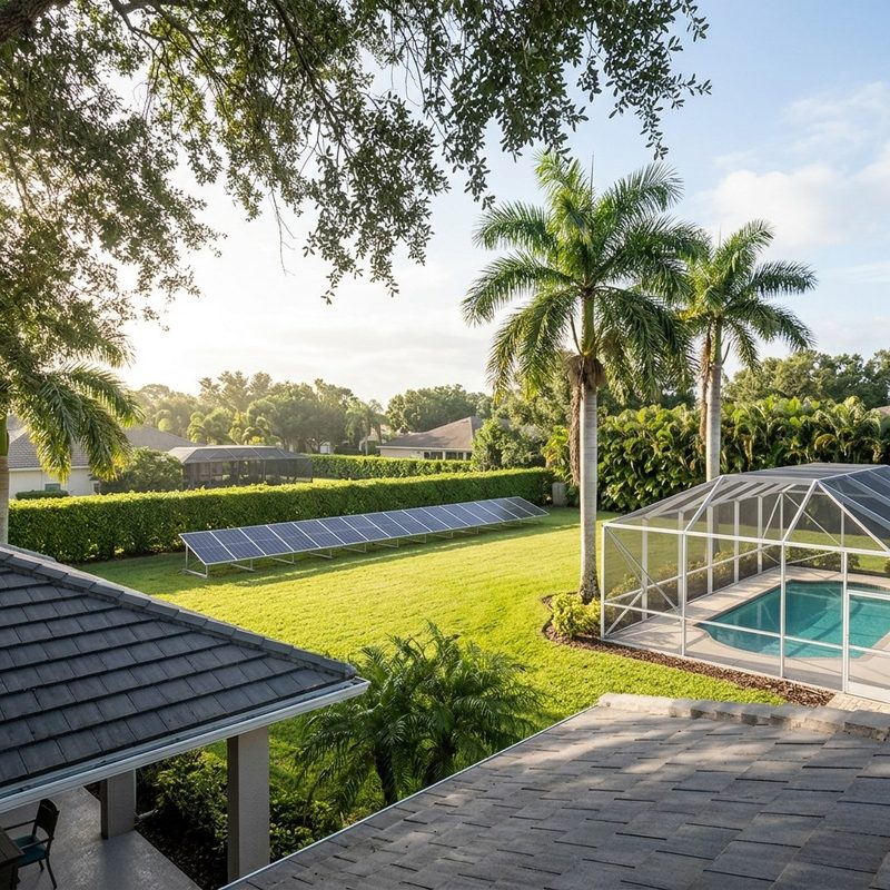 A neat row of ground-mounted solar panels on a low aluminum rack along the sunny back edge of a large yard behind an upscale Florida home, with a lawn, a hedge and palms