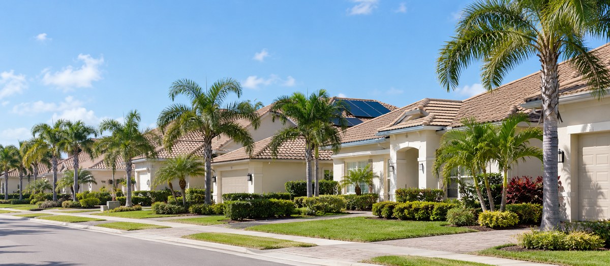 Row of matching upscale Florida homes with solar panels installed on a rear-facing roof plane