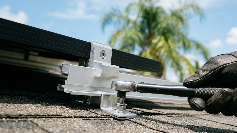 Gloved hand tightening a solar racking bolt with a torque wrench on a Florida shingle roof