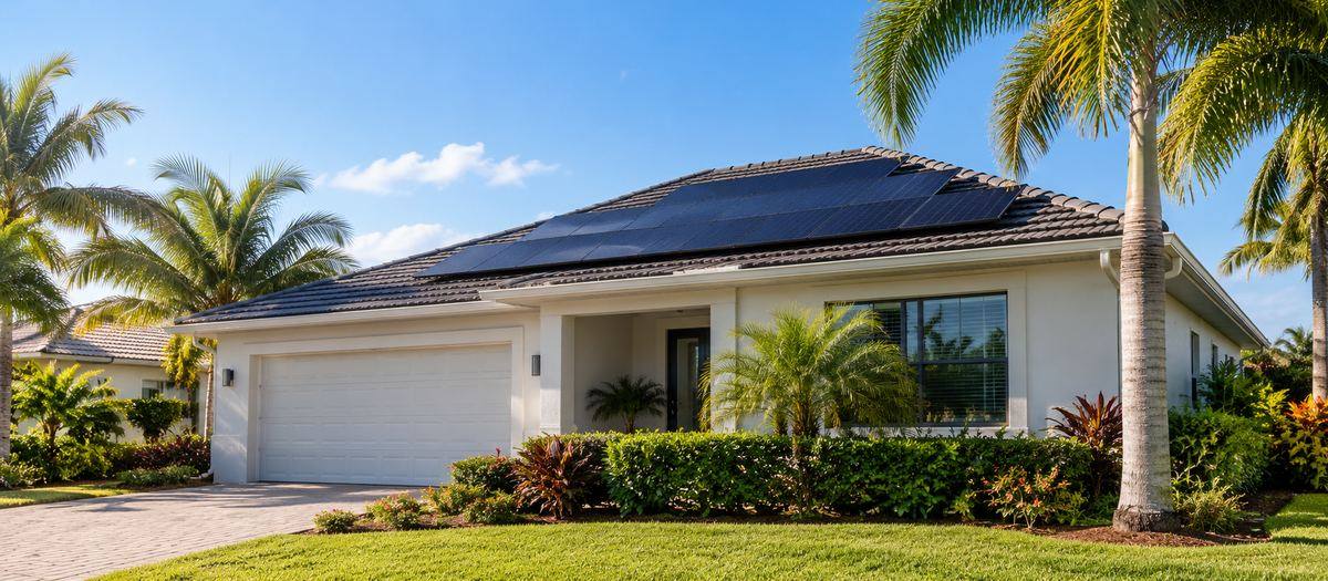 Florida home with rooftop solar panels under a clear sky