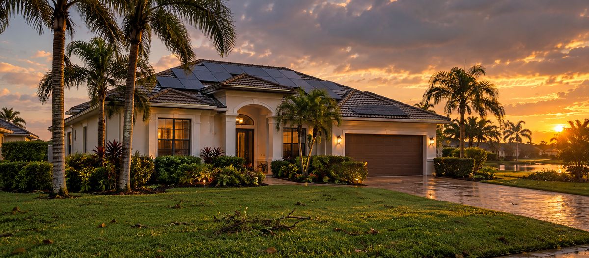 Florida home with rooftop solar panels at sunset after a storm, with a few fallen branches on the lawn