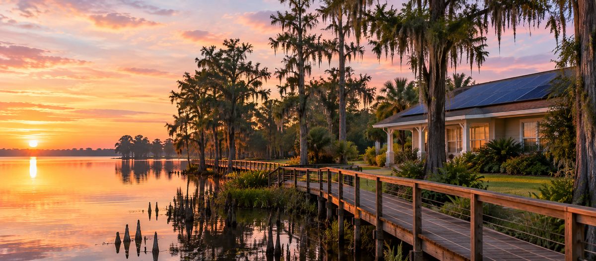 Central Florida lakeshore at sunrise with a wooden boardwalk, cypress trees and a home with rooftop solar panels