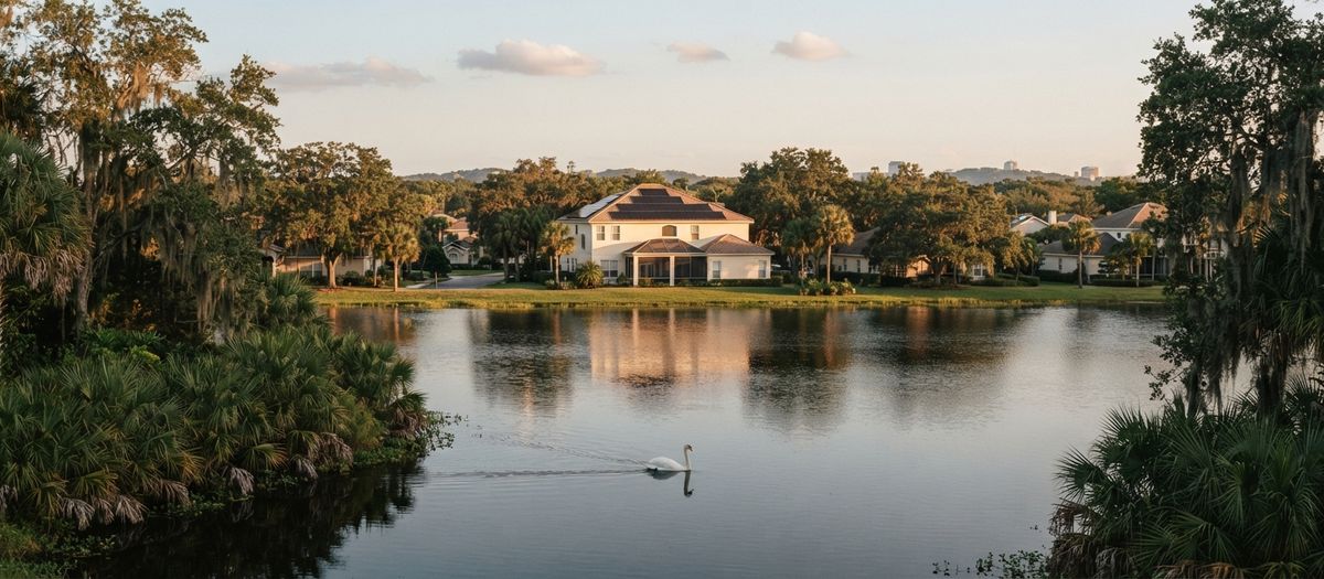 Lakefront neighborhood in Lakeland, Florida with a swan on the water and a home with rooftop solar panels