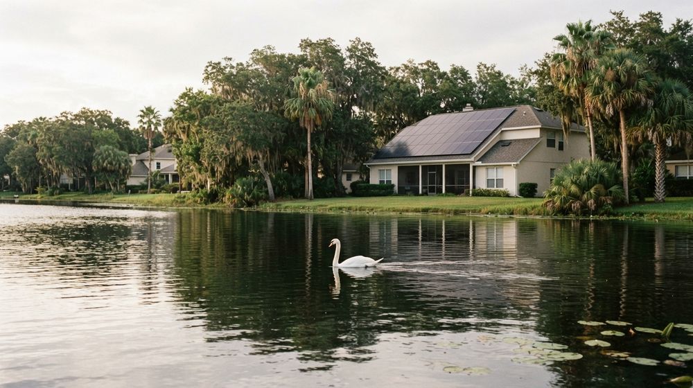 A lakefront home with rooftop solar panels and a white swan on the water