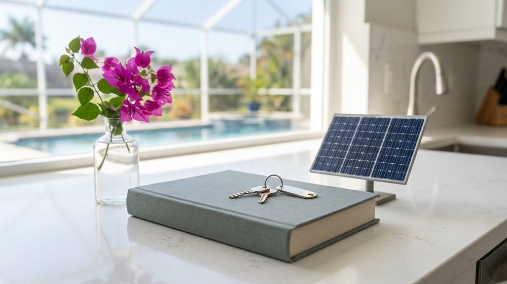 Still life of house keys and a small model solar panel resting on a closed hardcover book on a sunlit kitchen counter in an upscale Florida home