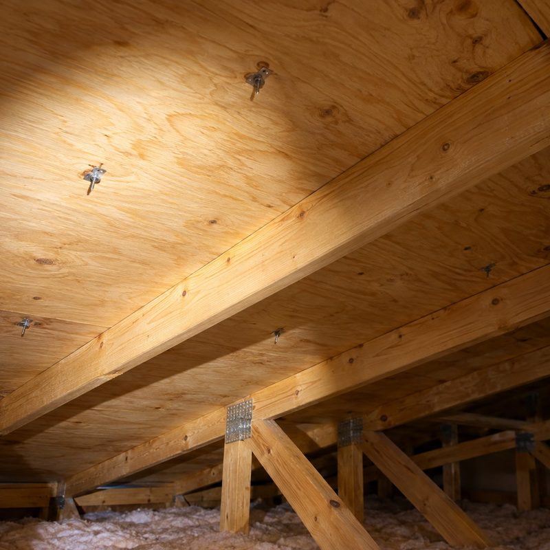 Flashlight beam in a clean, dry attic of a Florida home showing the underside of the roof deck and rafters, with the tips of solar mount screws visible and no water stains