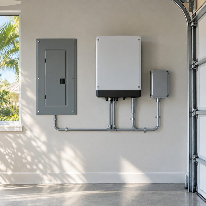 Close-up of a tidy garage wall in a Florida home with an electrical panel, a solar inverter and a small surge protector box connected by neat conduit