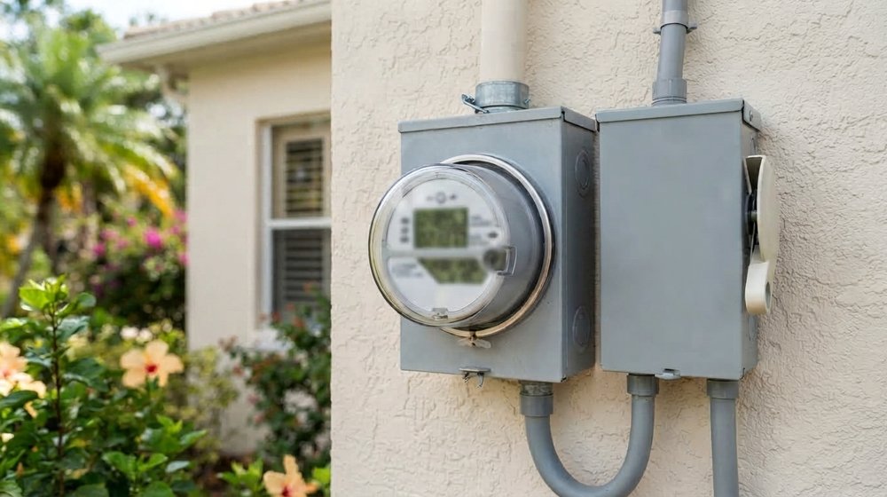 Close-up of a modern two-way electric meter and solar disconnect box mounted on a Florida home