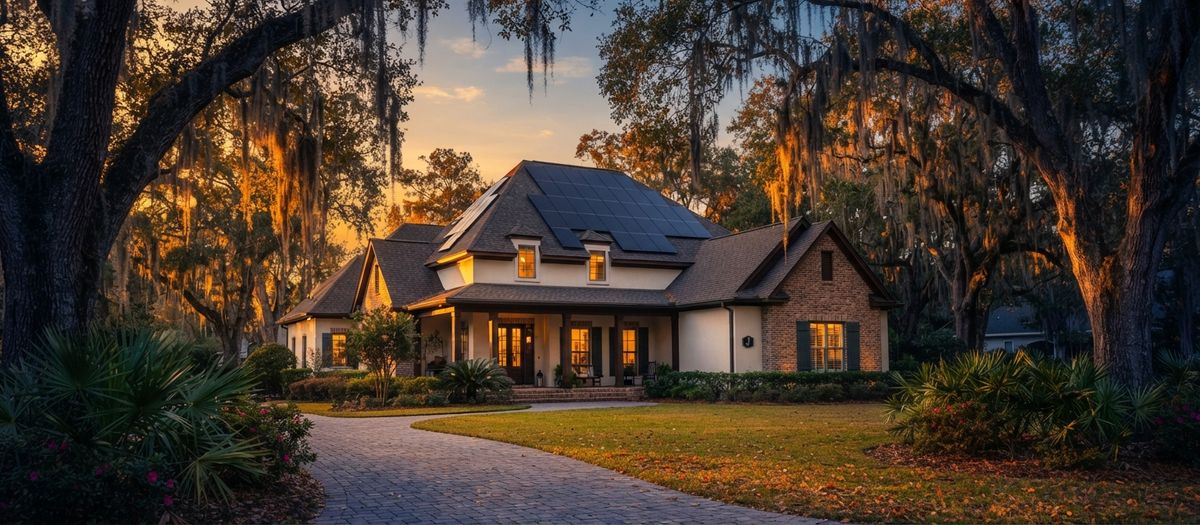 North Florida home in Jacksonville with mature oak trees, Spanish moss and rooftop solar panels at dusk