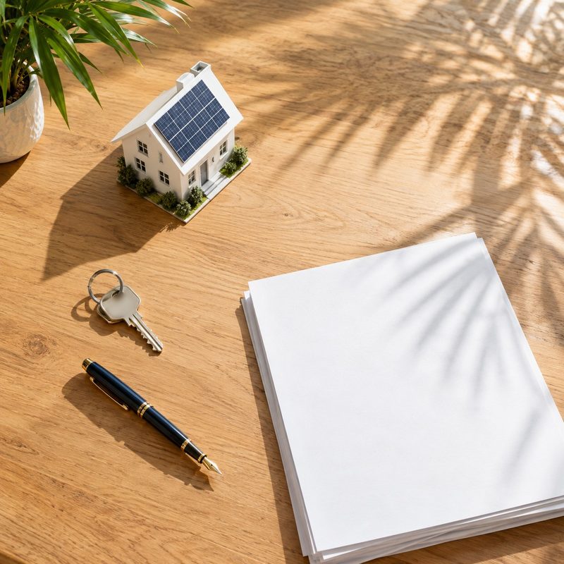 Overhead view of a sunny wooden table with a house key on a ring, a fountain pen, a stack of blank papers and a small model house with solar panels, crossed by palm leaf shadows