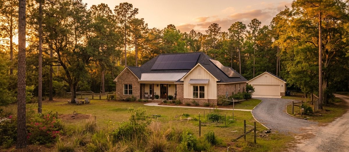 Panhandle Florida home among tall pines at sunset with rooftop solar panels and a rural feel