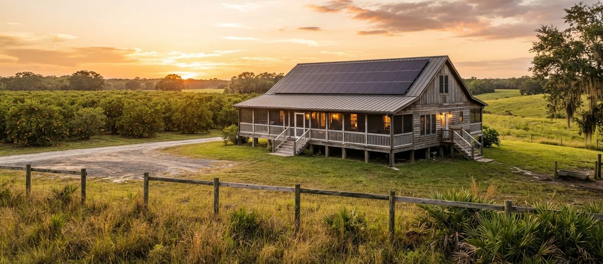 Rural Central Florida ranch home near citrus groves at golden hour with rooftop solar panels and cattle fencing