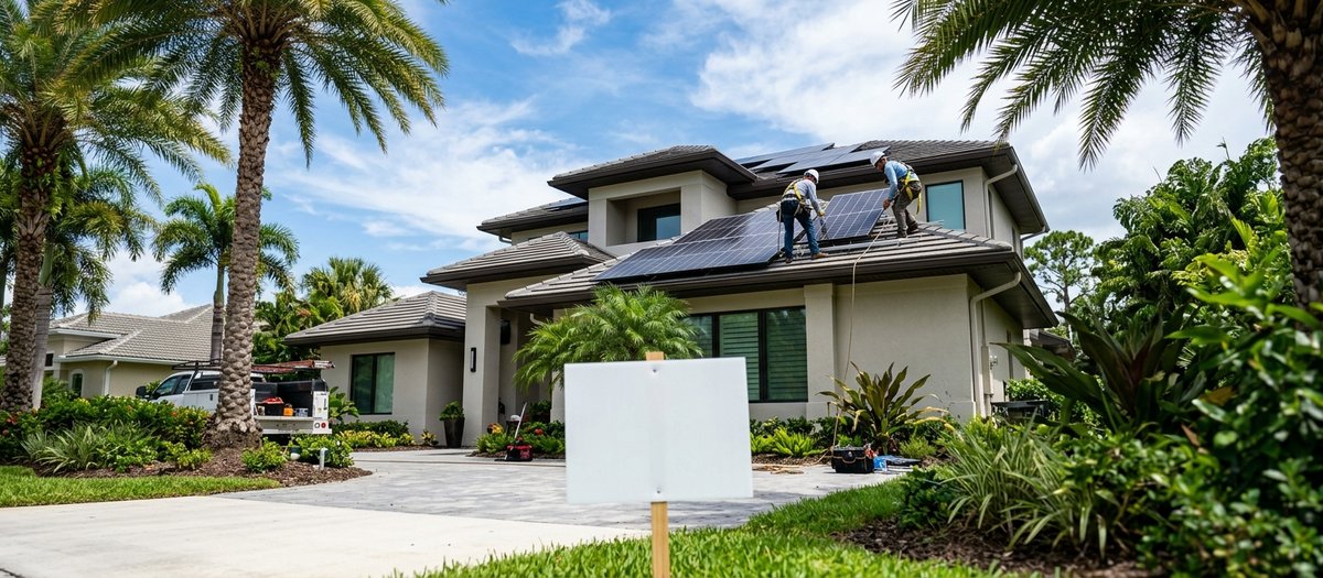 Two installers mounting solar panels on the roof of a two-story Florida home, with a blank permit placard in the yard