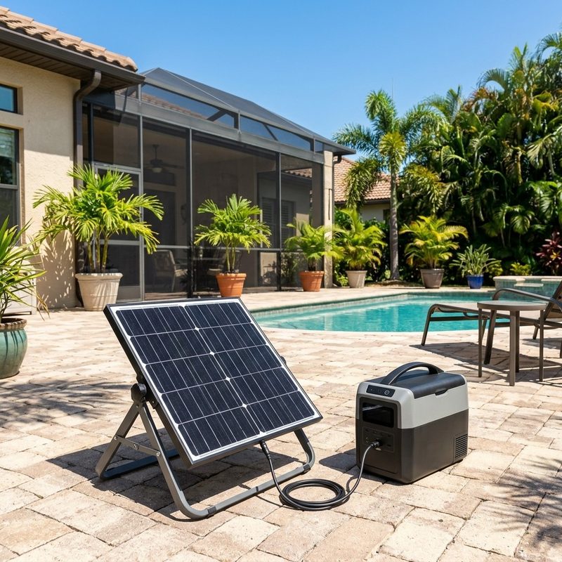 A small solar panel on a folding stand on a sunny Florida pool patio, plugged into a portable power station, with a screened lanai and potted palms behind