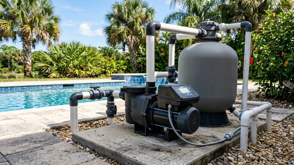 Close-up of a variable-speed pool pump control panel beside a Florida in-ground pool