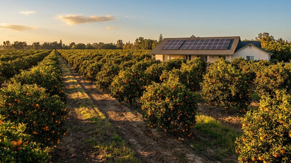 Rows of orange trees in a citrus grove with a home with rooftop solar panels behind them