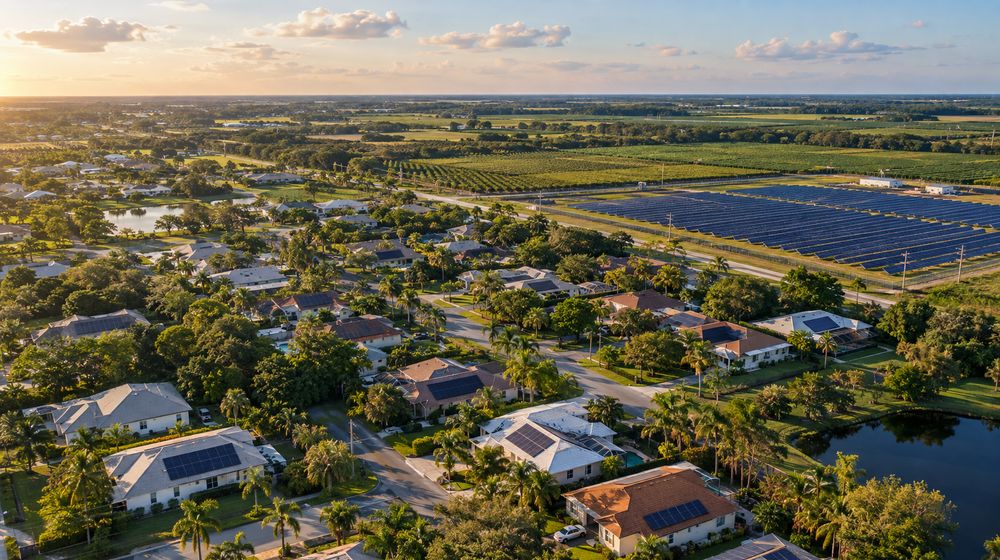 Aerial view of a small Florida town with rooftop solar on many homes and a utility solar farm at the edge of town