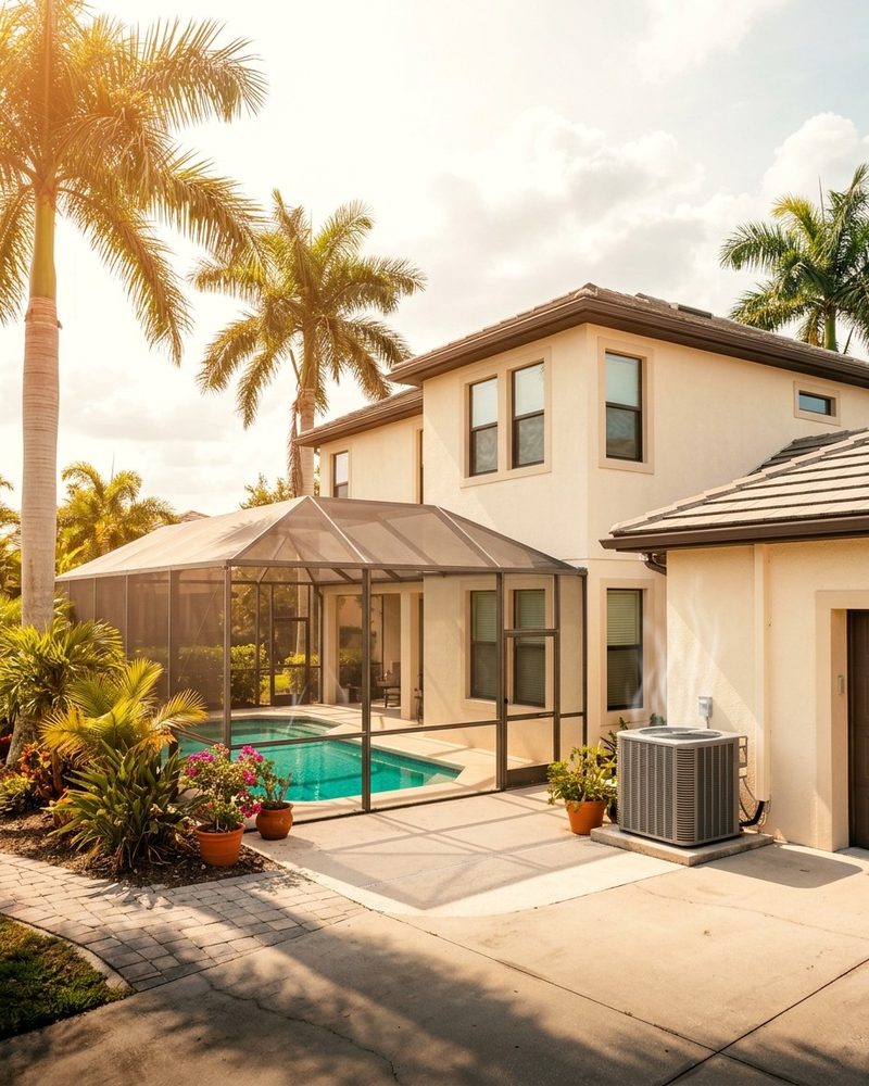 An upscale two-story Florida home with a screened pool on a hot late-summer afternoon, its air conditioner running beside the wall under a hazy sky