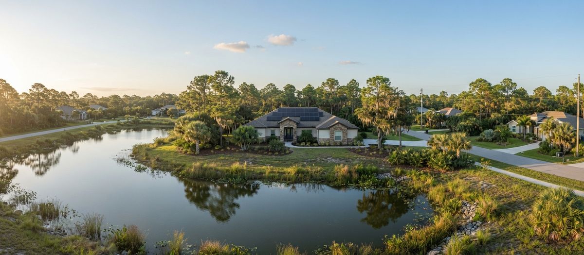 West-central Florida home with rooftop solar panels beside a retention pond among pine flatwoods at sunrise