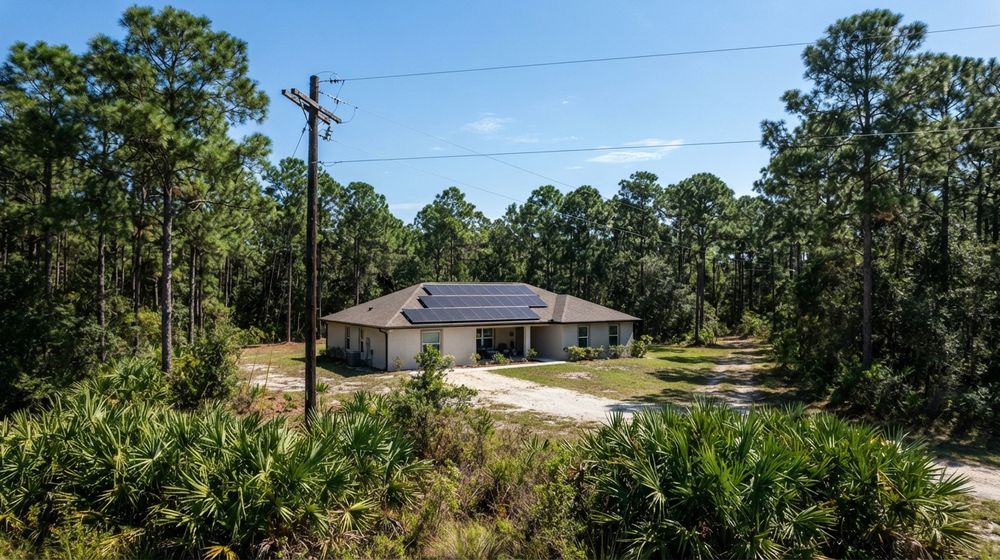 A single-story home with rooftop solar panels among pines and saw palmettos, with a utility pole and power lines